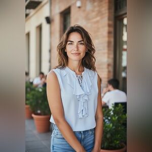 Tommy Hilfiger ruffled V neck sleeveless blouse women’s size S/CH/P light blue